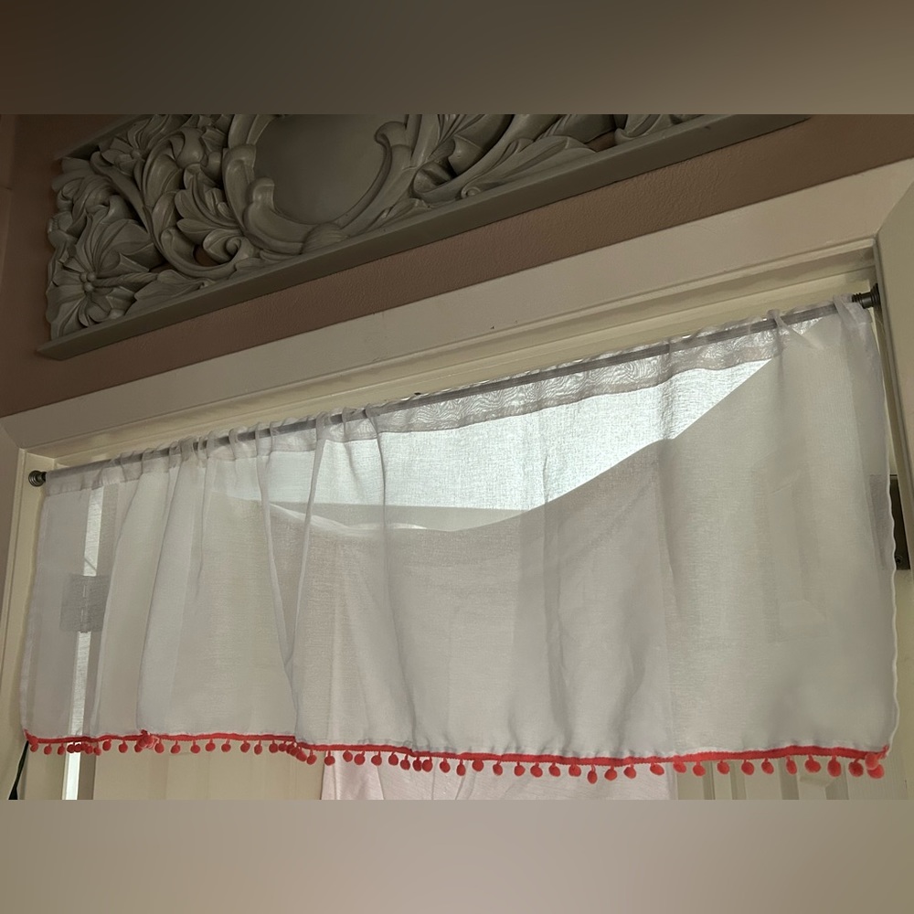 Cafe Curtain Window Valance Sheer with Pom Poms BOHO Nursery Toddler Room Decor
